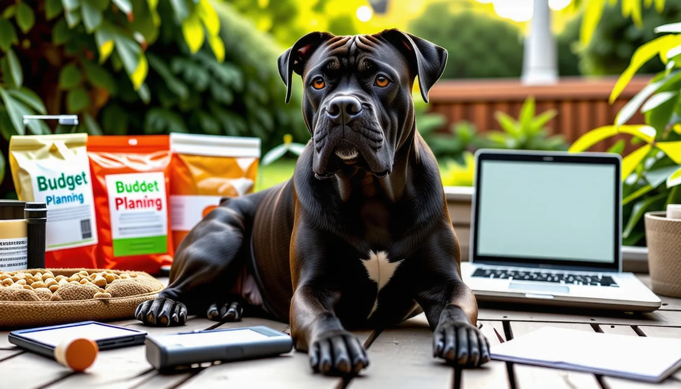 cane corso adulte au poil court et sombre, debout dans un jardin, musculature apparente et posture calme.
