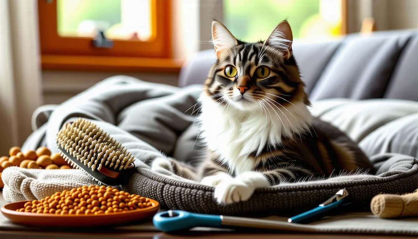 chat sibérien au pelage long et dense, assis, regardant l'objectif dans un intérieur lumineux