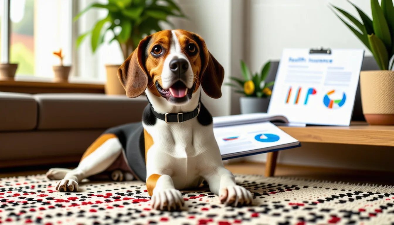 Beagle adulte au pelage tricolore, oreilles tombantes, assis et attentif en intérieur.