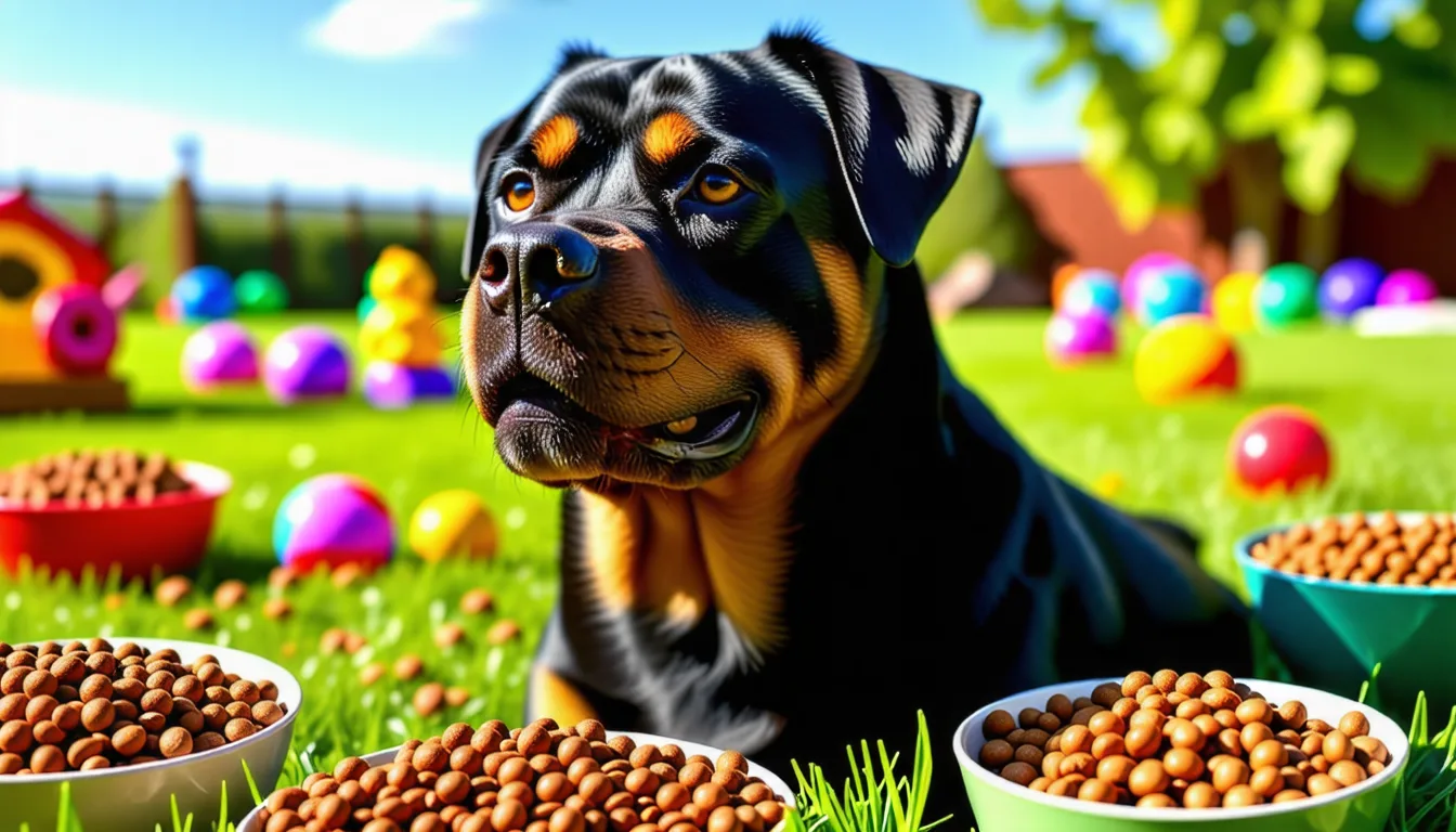un Rottweiler adulte au pelage noir et feu, debout dans un jardin, la tête tournée vers l'objectif
