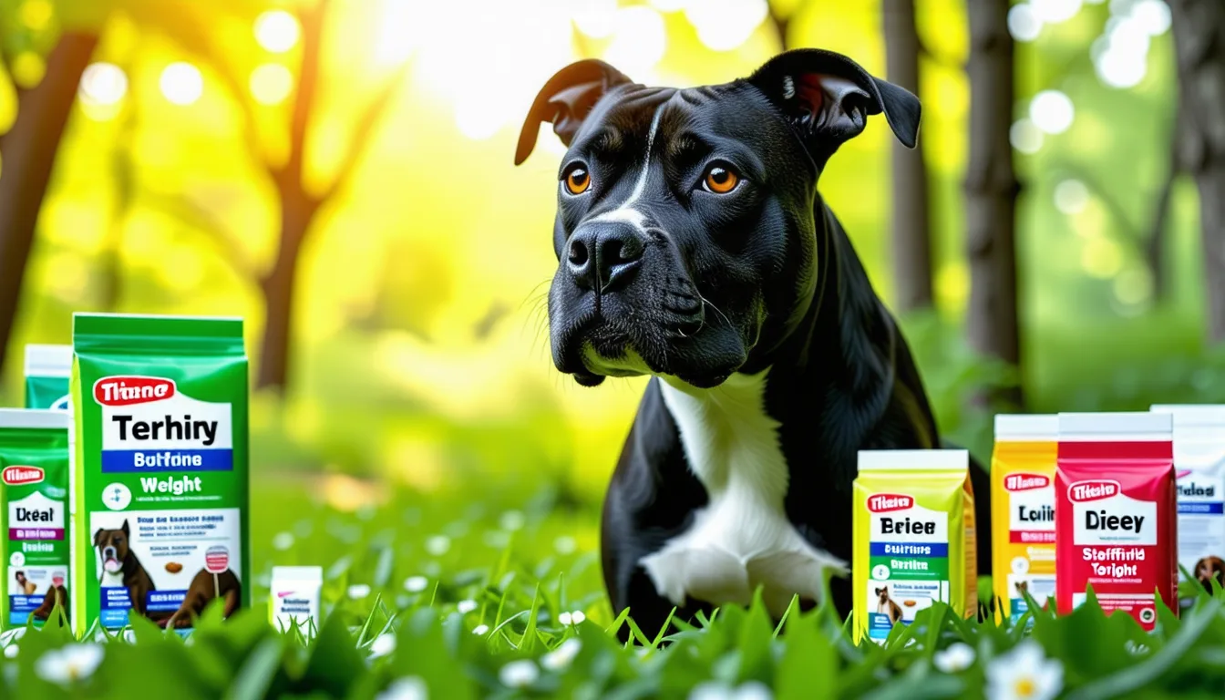 chien musclé au pelage court, probablement un American Staffordshire Terrier, debout de profil dans un jardin