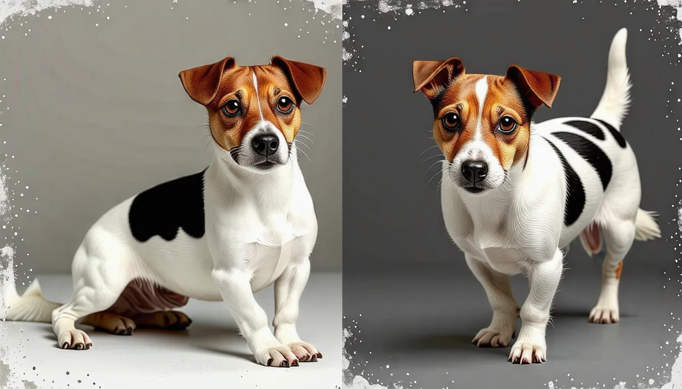 Deux petits terriers blancs à taches fauve, assis côte à côte en extérieur, oreilles semi-dressées.