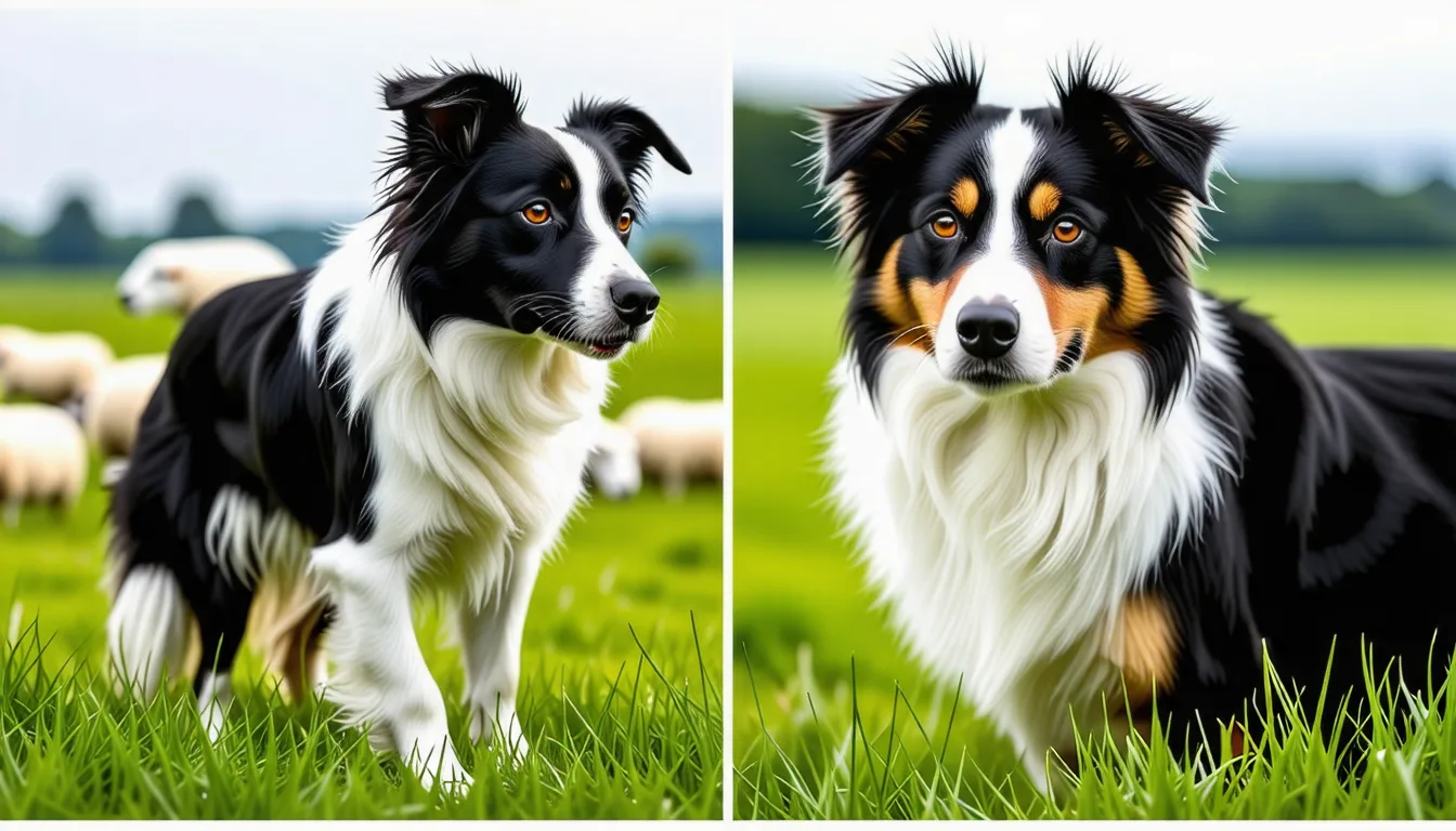 un border collie noir et blanc et un berger australien merle assis côte à côte dans un pré