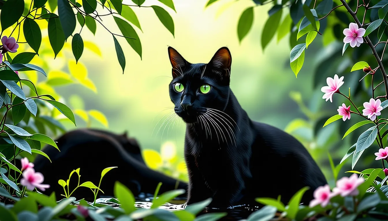 chat au pelage noir intense et aux yeux vert émeraude, regard direct vers l'objectif