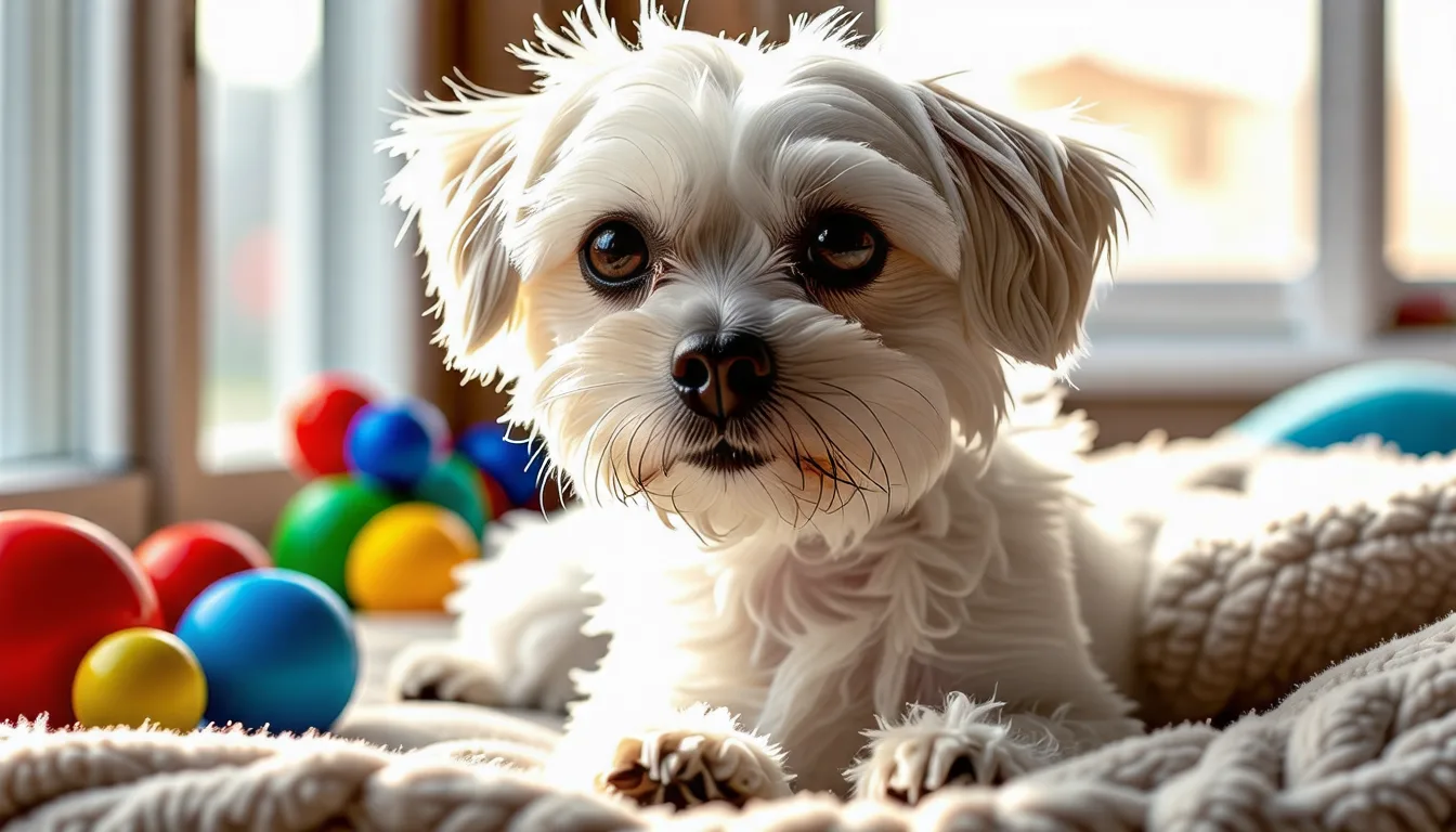 petit chien Bichon Maltais au pelage blanc et soyeux, assis et regardant l'objectif