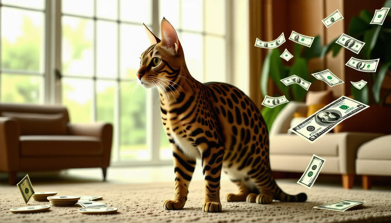 un chat Savannah au pelage tacheté, debout dans un intérieur lumineux