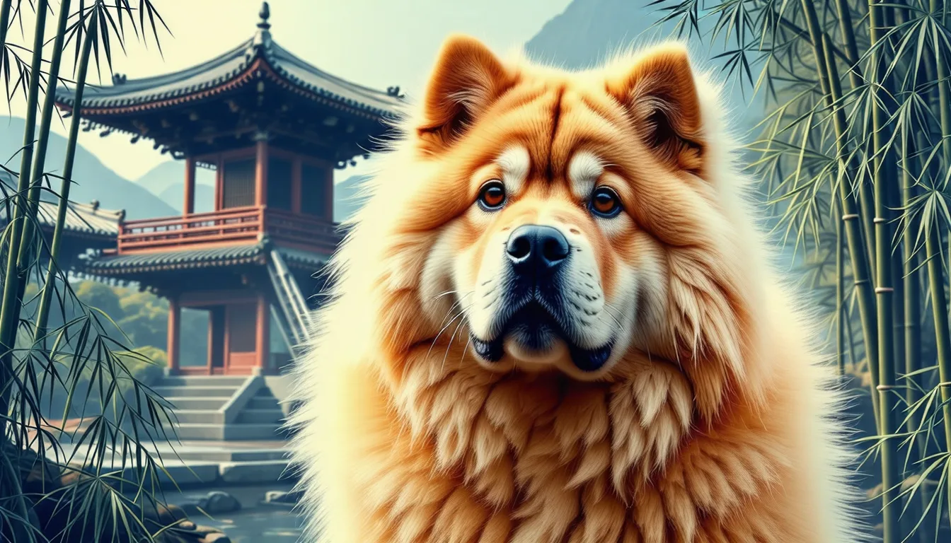 Chow-Chow de face, crinière épaisse et langue bleu-noire visible