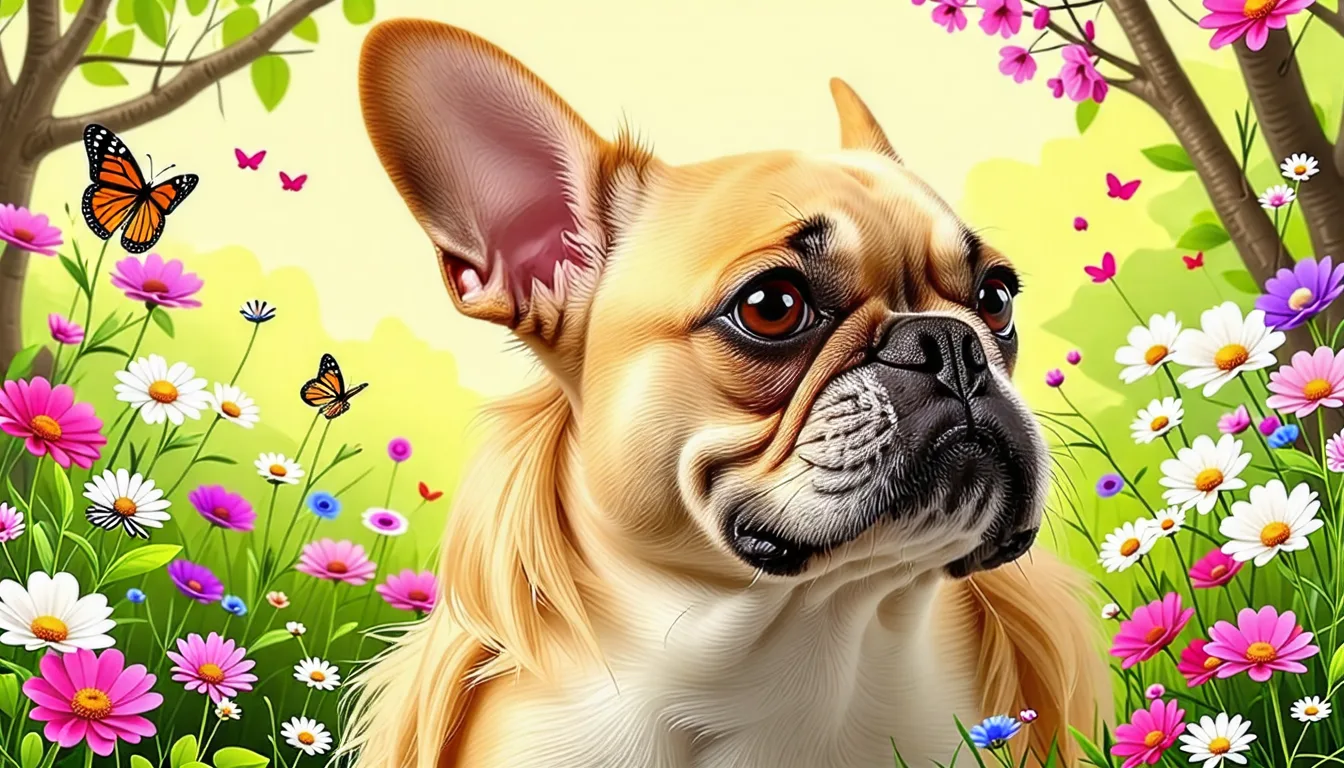 Bouledogue français au pelage long et souple, assis sur un fond neutre