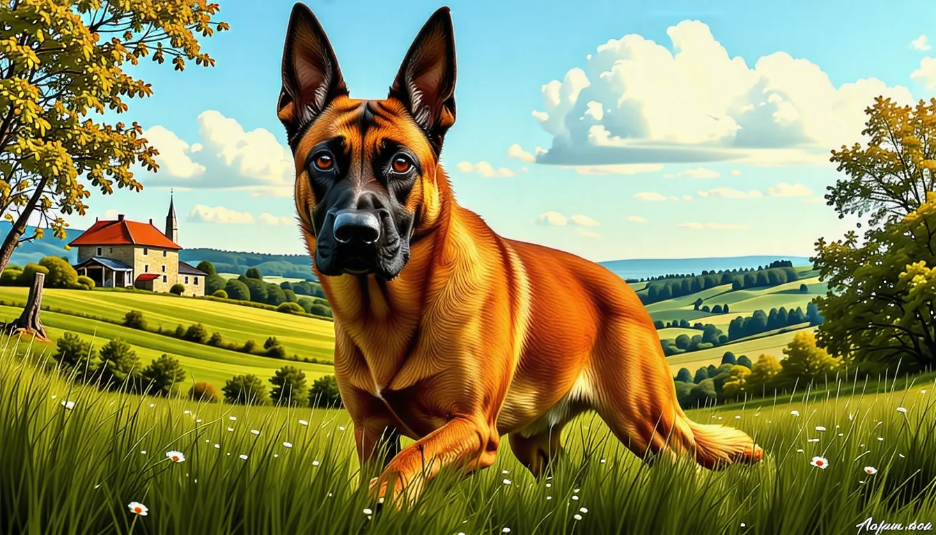 un Malinois au pelage fauve charbonné, en position d'attention dans un champ