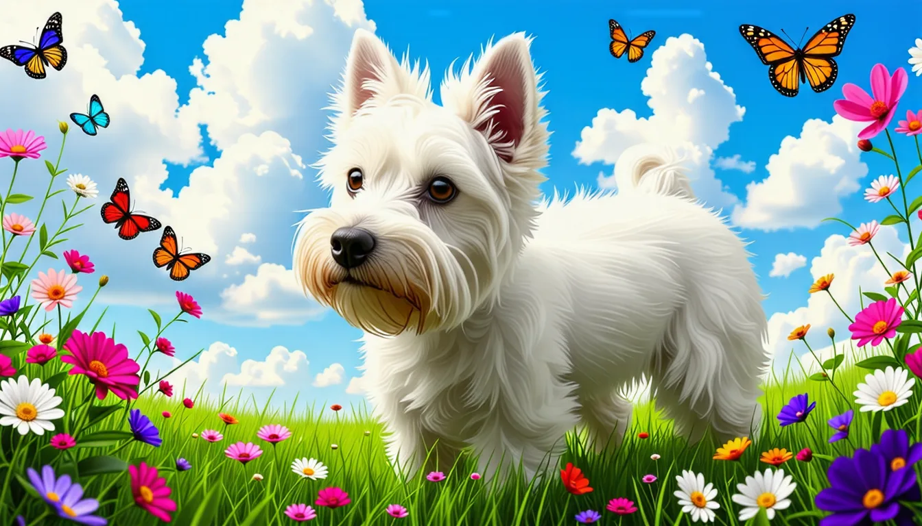 west highland white terrier debout dans l'herbe, pelage blanc mi-long, regard vif