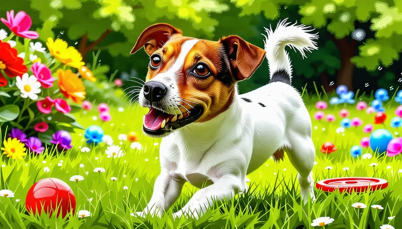 Jack Russell Terrier debout dans l'herbe, oreilles dressées et regard vif, pelage blanc à taches marron.