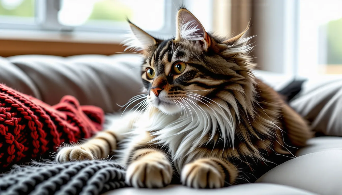 grand chat maine coon au pelage long allongé sur un meuble en bois