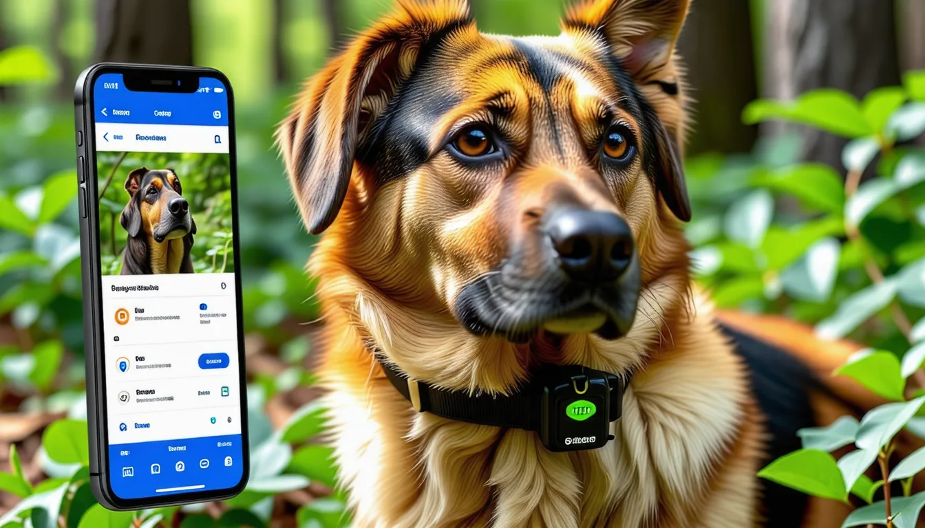 chien de chasse portant un collier GPS orange, en arrêt dans un champ de blé