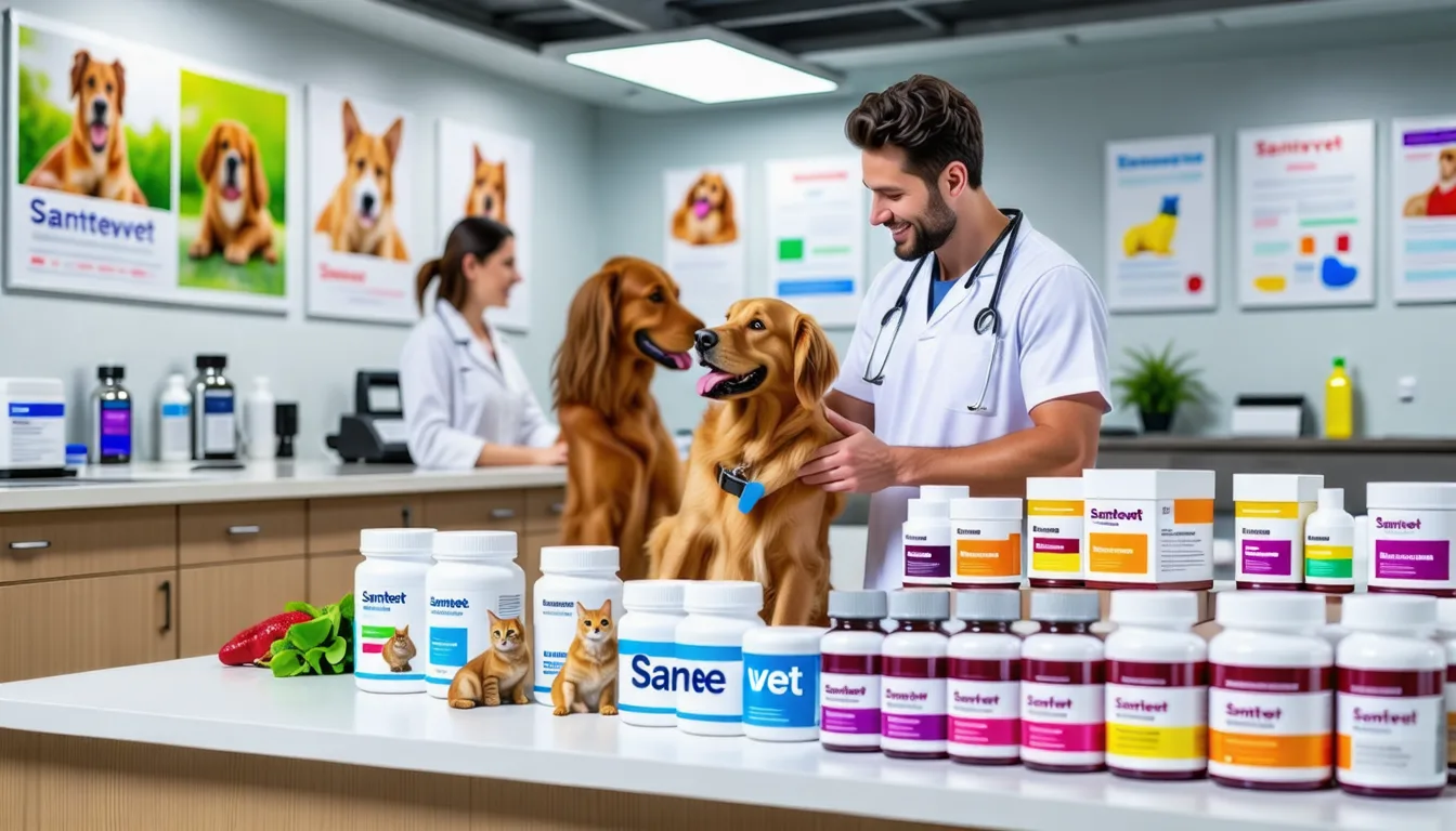 Chat et chien assis côte à côte chez le vétérinaire, carnet de santé posé sur la table d'examen.