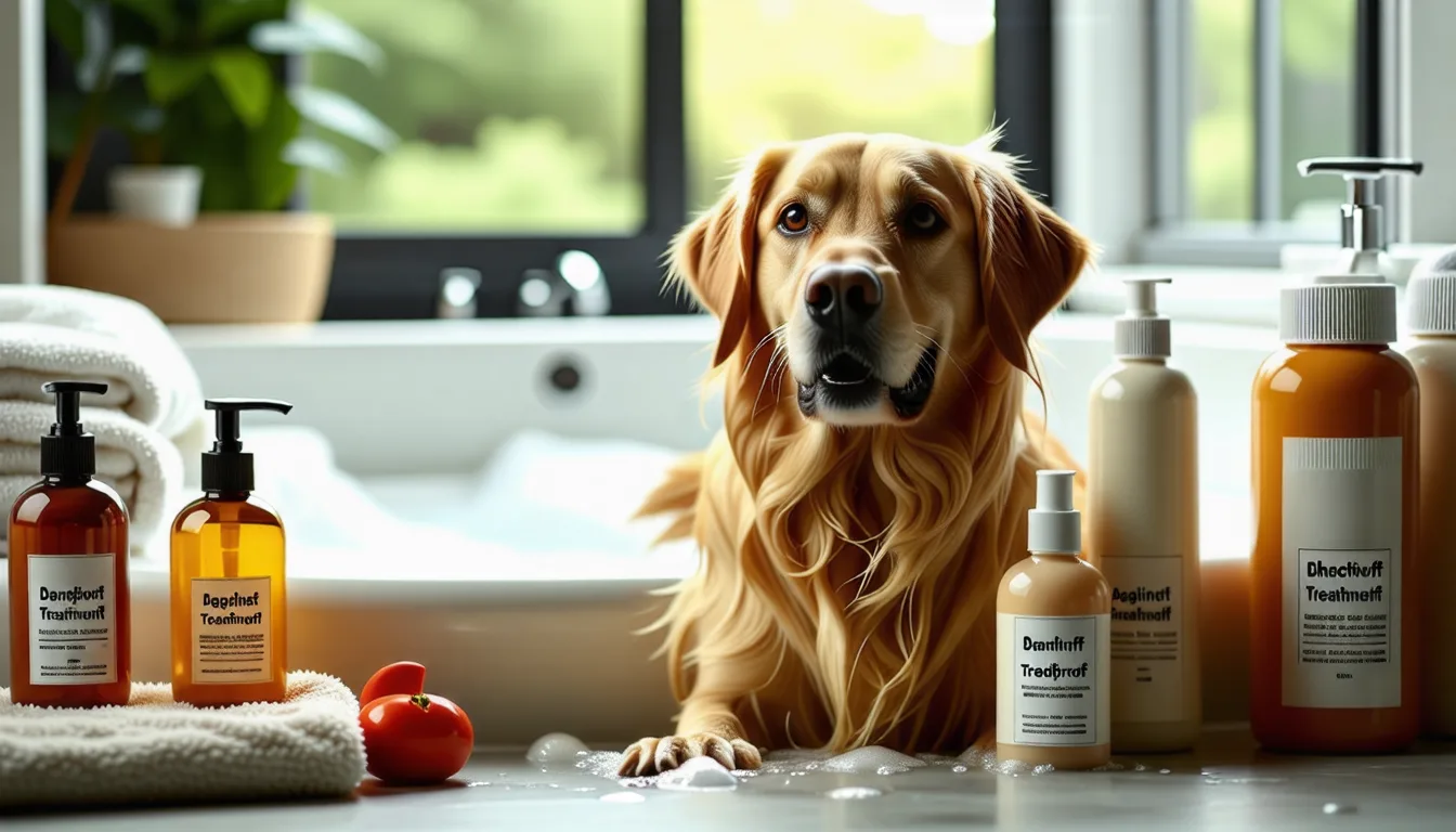 Chien en train d'être rincé sous la douche, mousse de shampoing sur le dos et l'arrière-train.