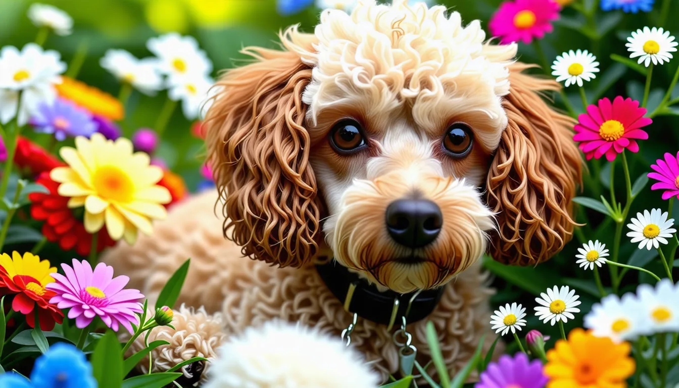 caniche nain au pelage frisé blanc, assis sur un canapé, tête légèrement inclinée vers l'objectif