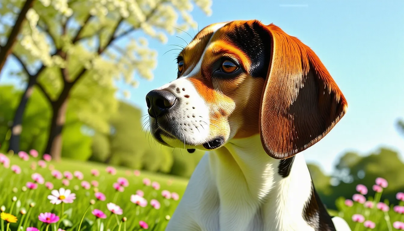 Beagle tricolore assis dans l'herbe, oreilles tombantes et truffe levée