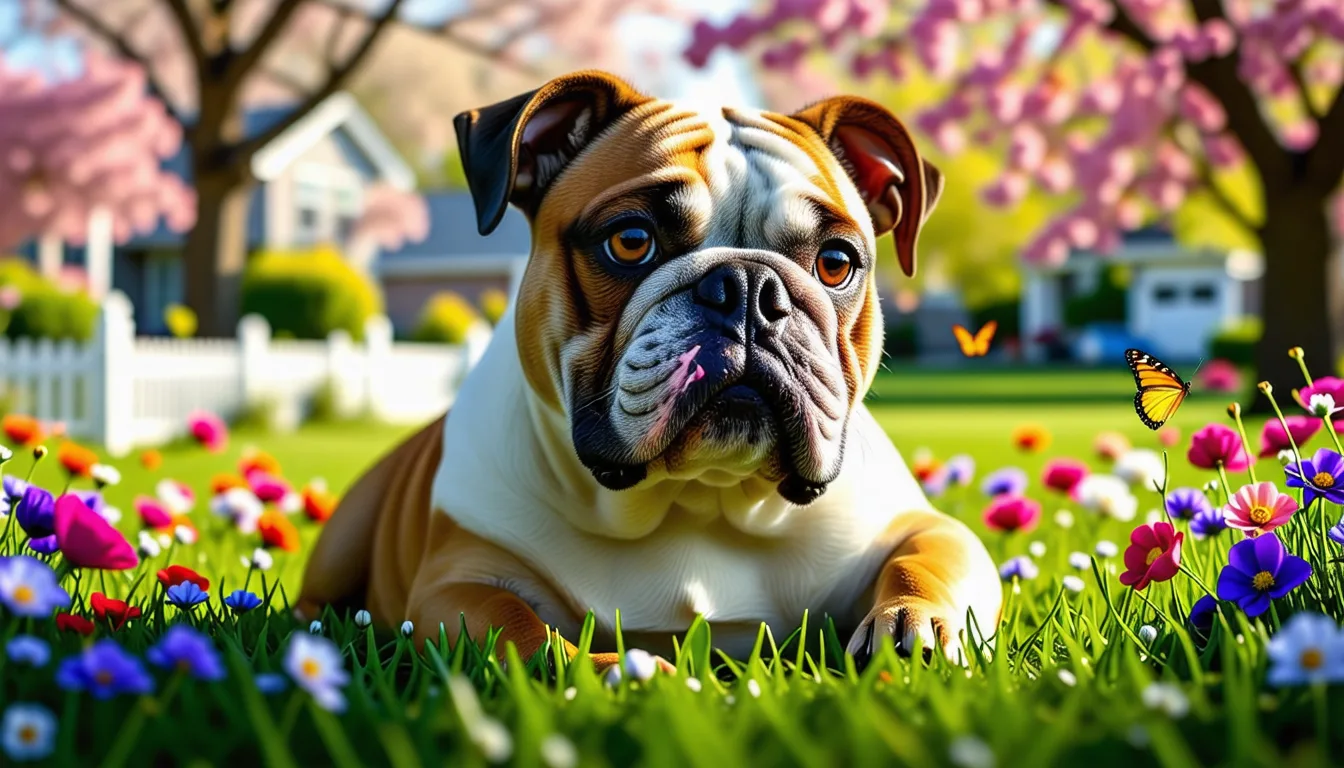 bulldog anglais debout de profil, corps trapu et musclé, tête large aux plis marqués, regardant vers l'objectif