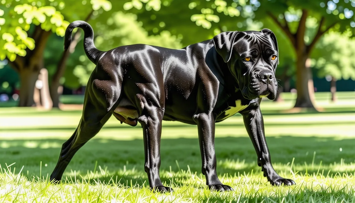cane corso au regard vigilant, oreilles semi dressées, posture campée typique d'un chien de garde italien.