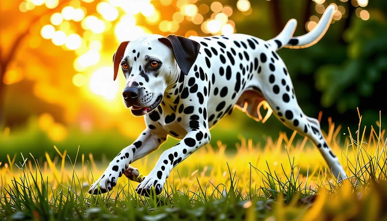 Dalmatien debout de profil, pelage blanc à taches noires, oreilles tombantes