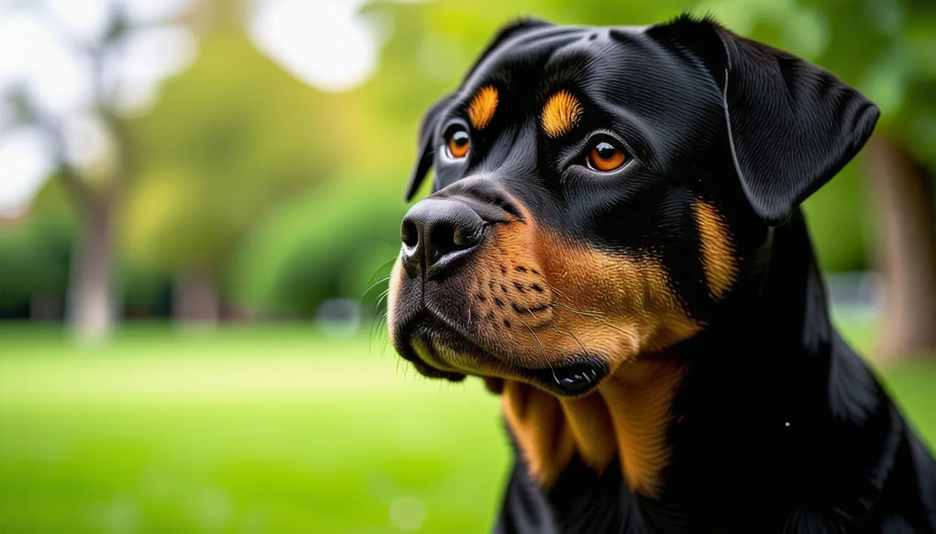 Rottweiler noir et feu debout en extérieur, regard fixe et musculature marquée.