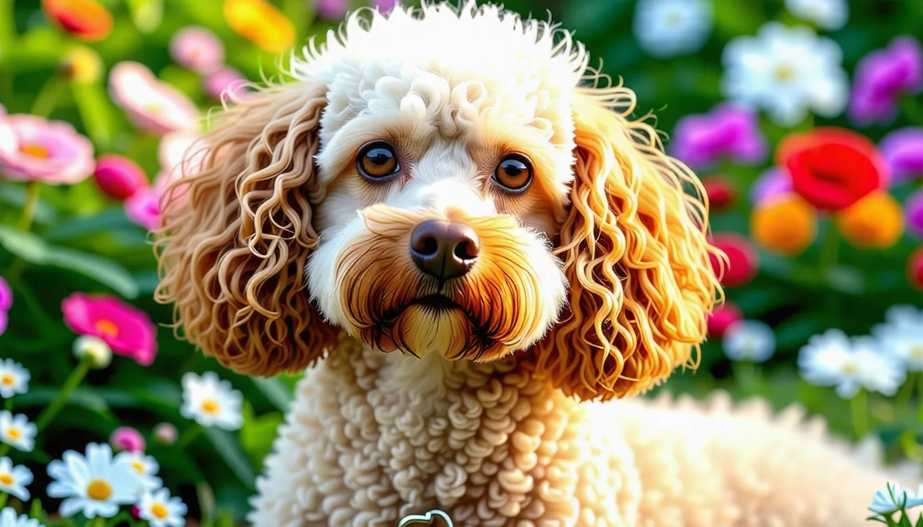 caniche adulte au pelage frisé, debout dans un jardin, oreilles tombantes et regard attentif