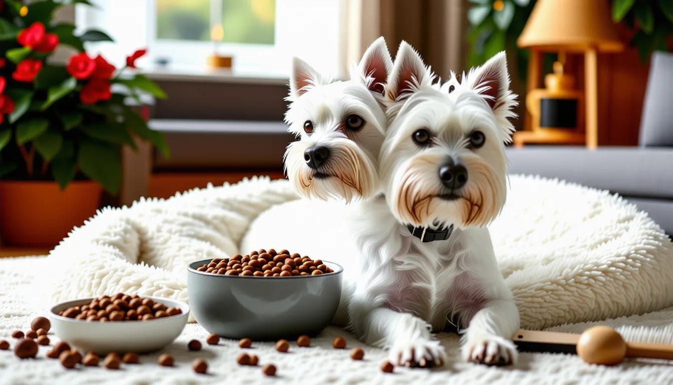 west highland white terrier au pelage blanc assis sur l'herbe, oreilles dressées