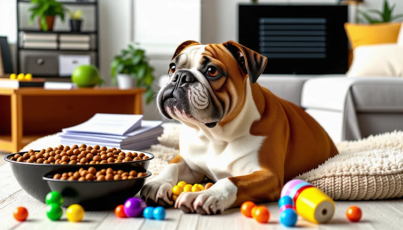 Bulldog anglais assis, museau plat et plis cutanés visibles sur le visage