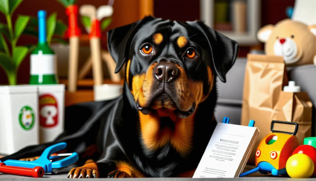 Rottweiler adulte assis dans un jardin, laisse posée au sol à côté de lui.