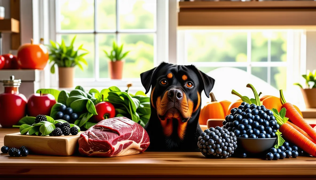 rottweiler adulte assis dans un jardin devant une gamelle de croquettes