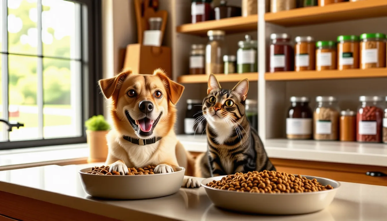 carton de croquettes ouvert à côté d'un chien attentif dans une cuisine