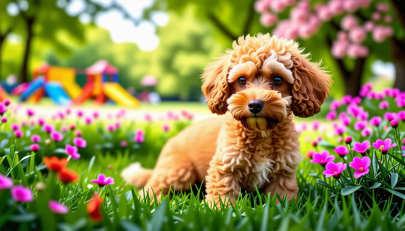 caniche toy au pelage bouclé, assis sur un tissu clair, regard vif tourné vers l'objectif