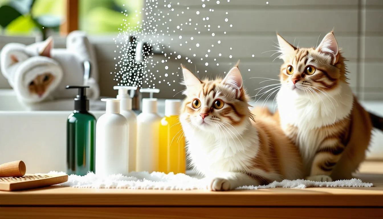 chat lavé dans une bassine, mousse de shampoing sur le pelage, lors d'un traitement contre les puces