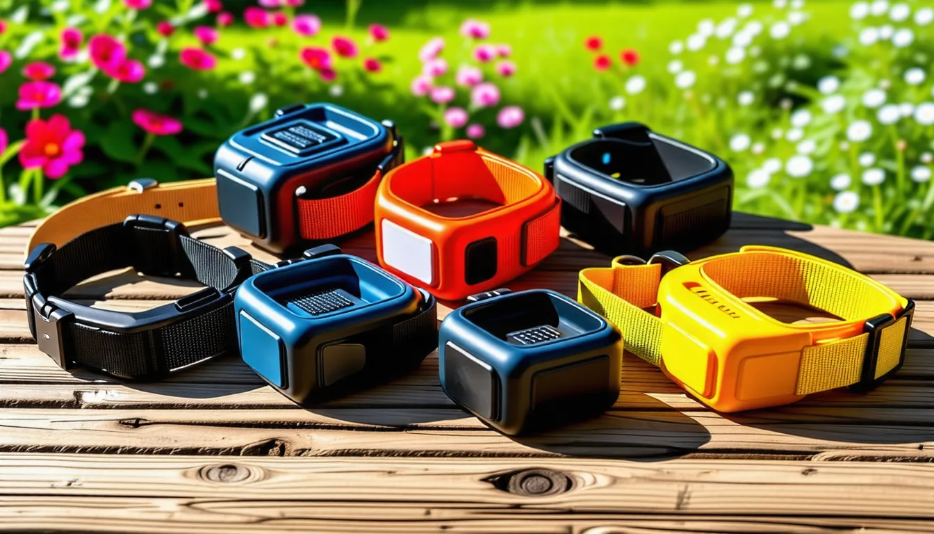 petit chien portant un collier GPS noir dans un jardin, museau tourné vers la caméra