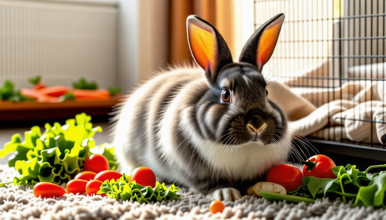 un lapin nain au pelage clair assis dans l'herbe, oreilles dressées, en train d'observer son environnement