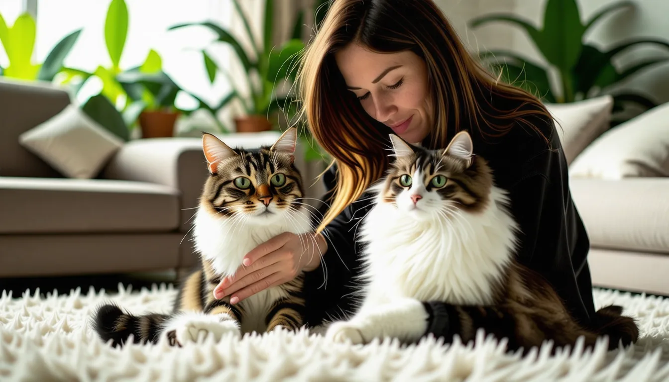 chat gris assis sur un plaid clair, en train de se toiletter la patte avant avec la langue.