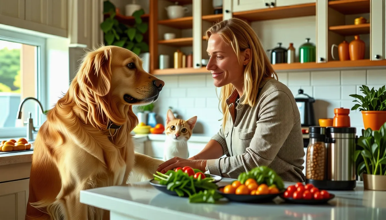 chien et chat mangeant côte à côte dans deux gamelles séparées posées sur le sol de la cuisine