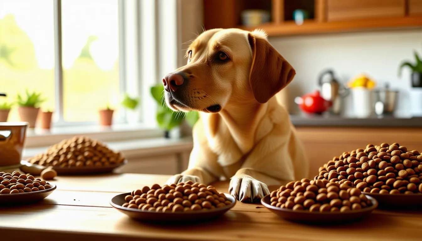 main tenant une poignée de croquettes pour chien au-dessus d'une gamelle