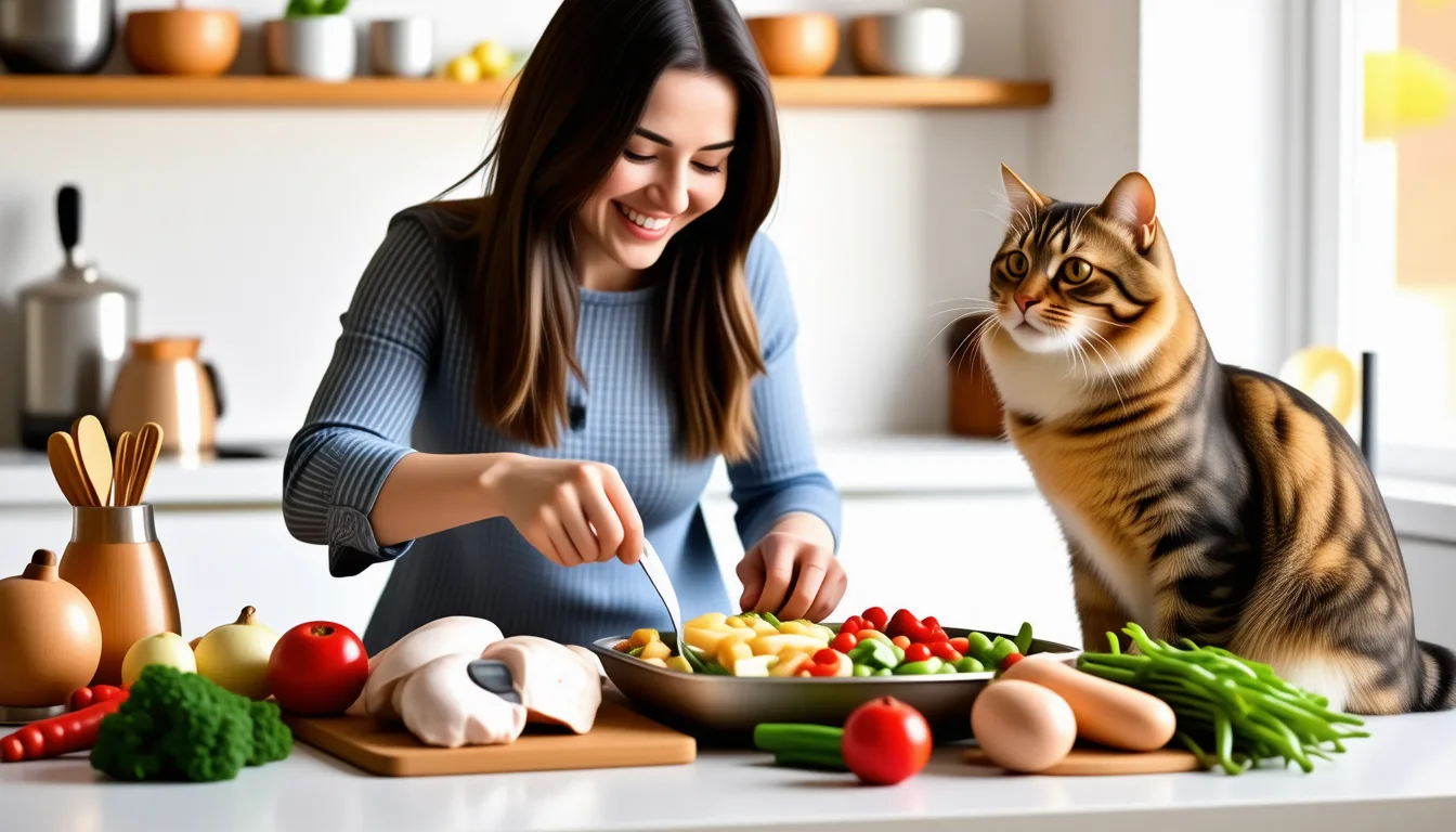 gamelle de viande cuite et légumes coupés en dés préparée pour un chat, posée sur un plan de travail