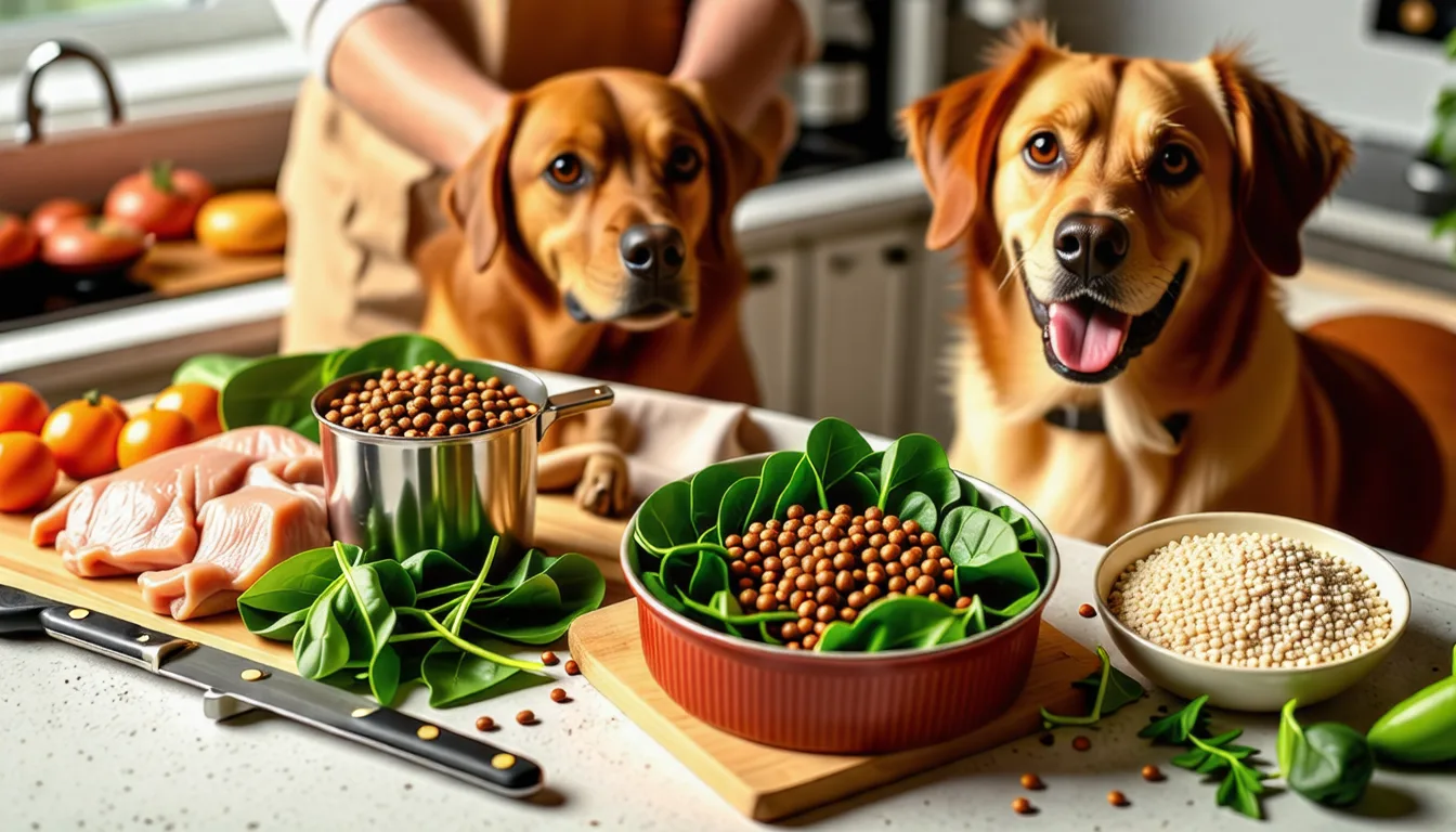 une gamelle de repas maison pour chien avec viande, riz et légumes coupés en morceaux