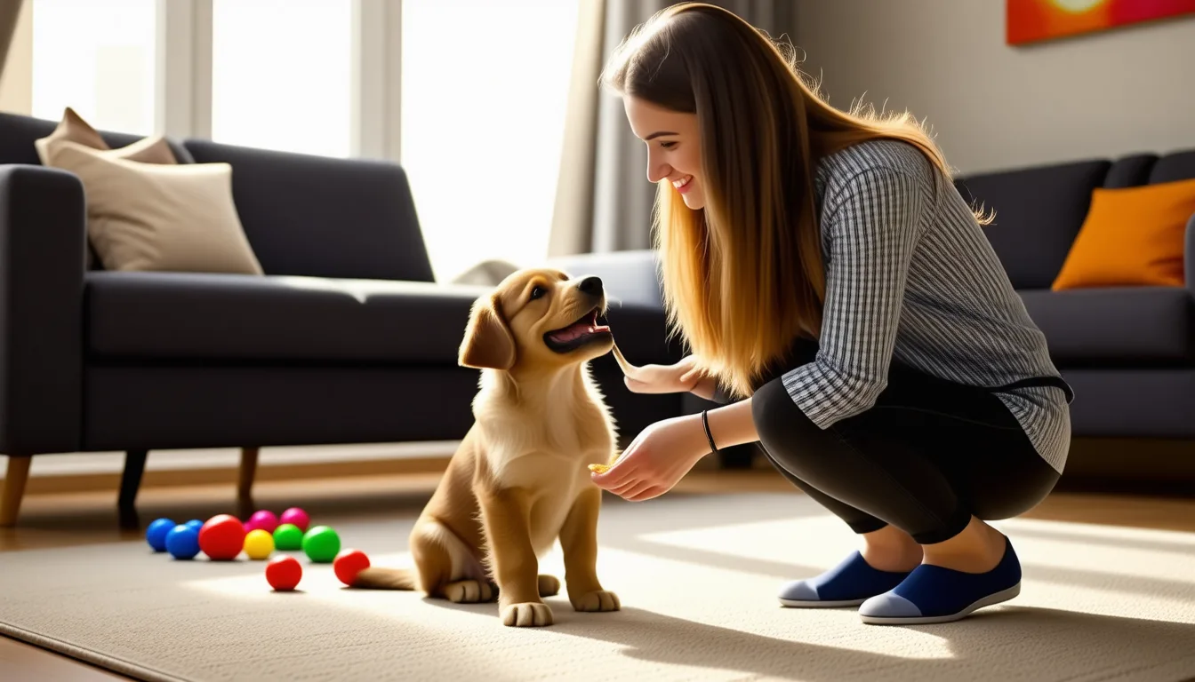 une main tend une friandise à un chiot assis qui lève la tête, dans un salon lumineux