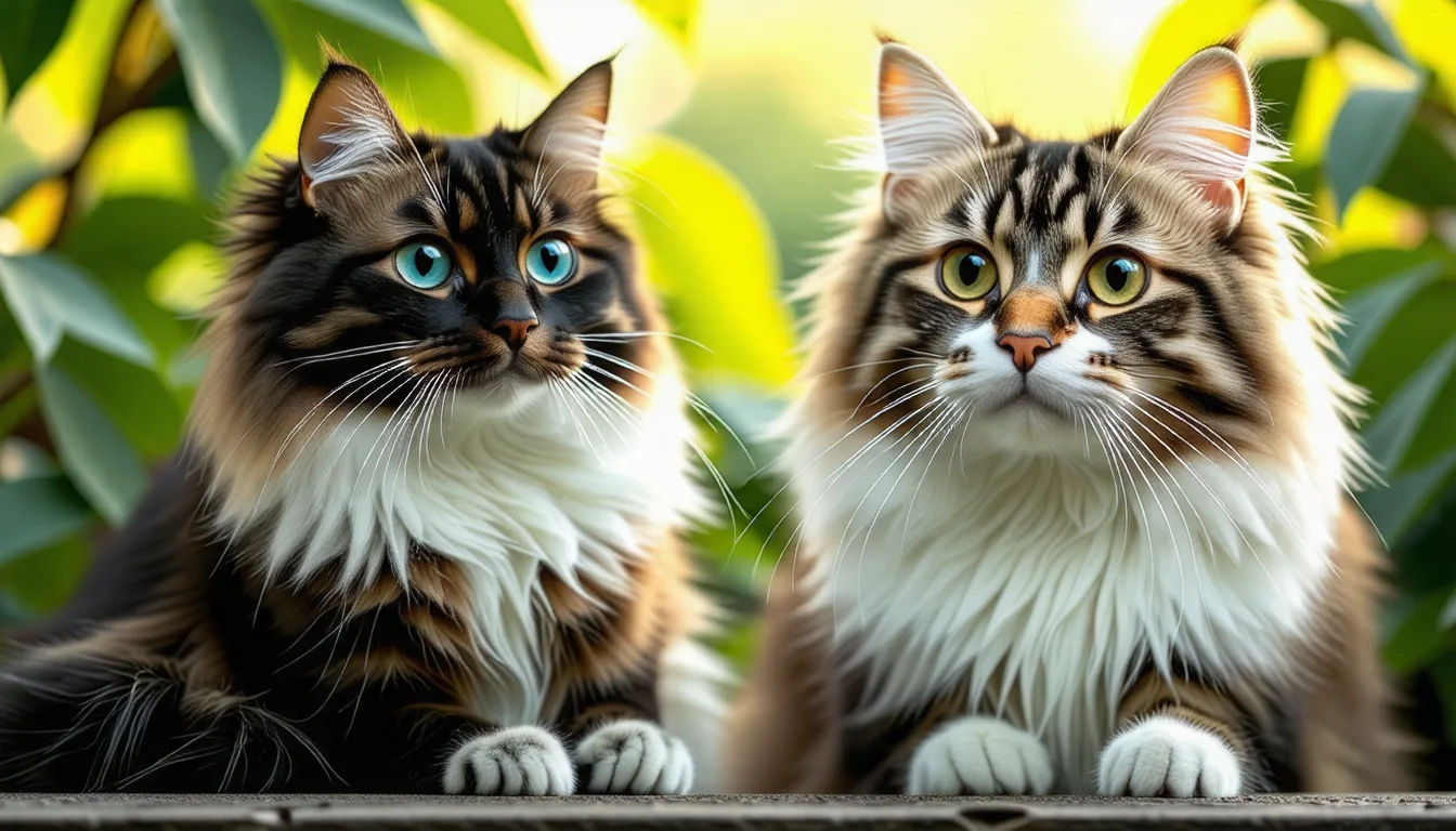 deux chats a poil mi long poses cote a cote, l un aux yeux bleus, l autre au regard plus doux