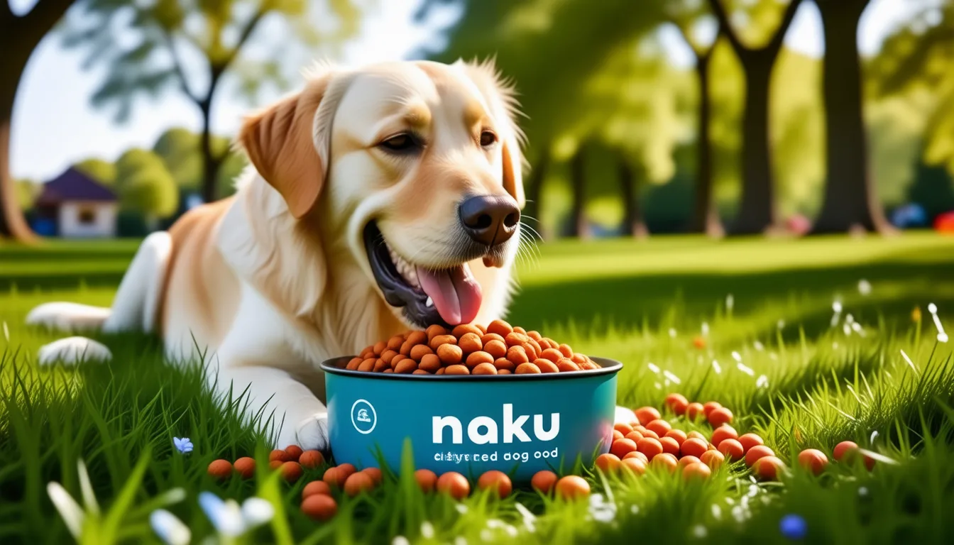 sachet de nourriture déshydratée Naku posé à côté d'une gamelle de croquettes réhydratées pour chien