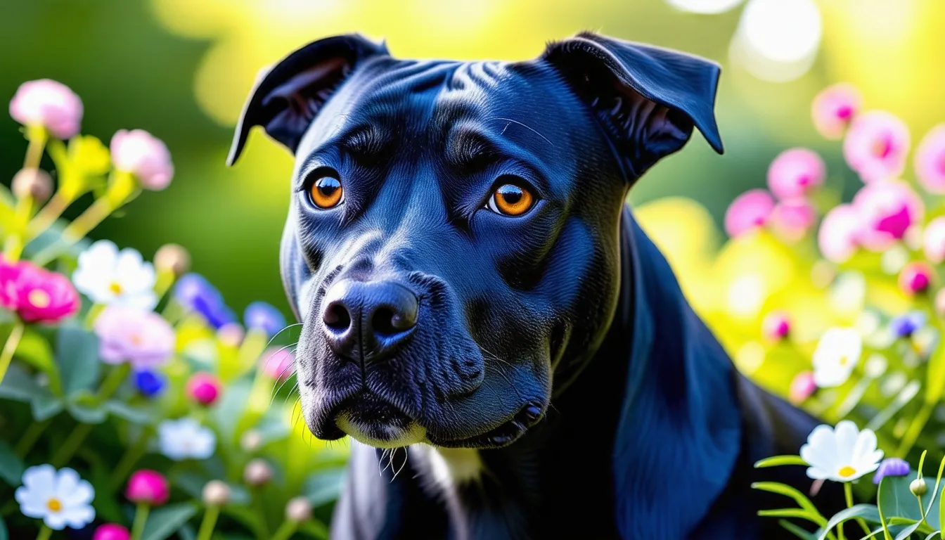 Staffordshire Bull Terrier au pelage gris bleuté allongé, tête posée sur les pattes avant, regard attentif tourné vers l'objectif.