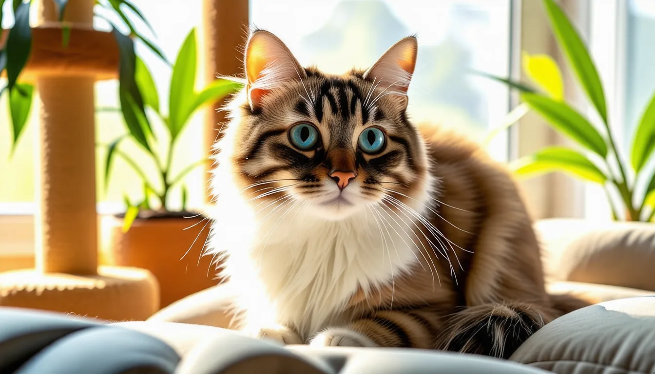 chat ragdoll au pelage clair et aux yeux bleus, allonge et detendu sur un canape