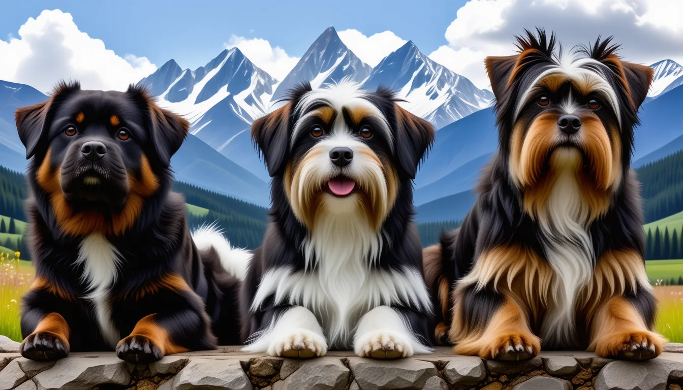 cinq chiens tibétains de tailles différentes côte à côte, du grand mastiff au petit Lhassa Apso