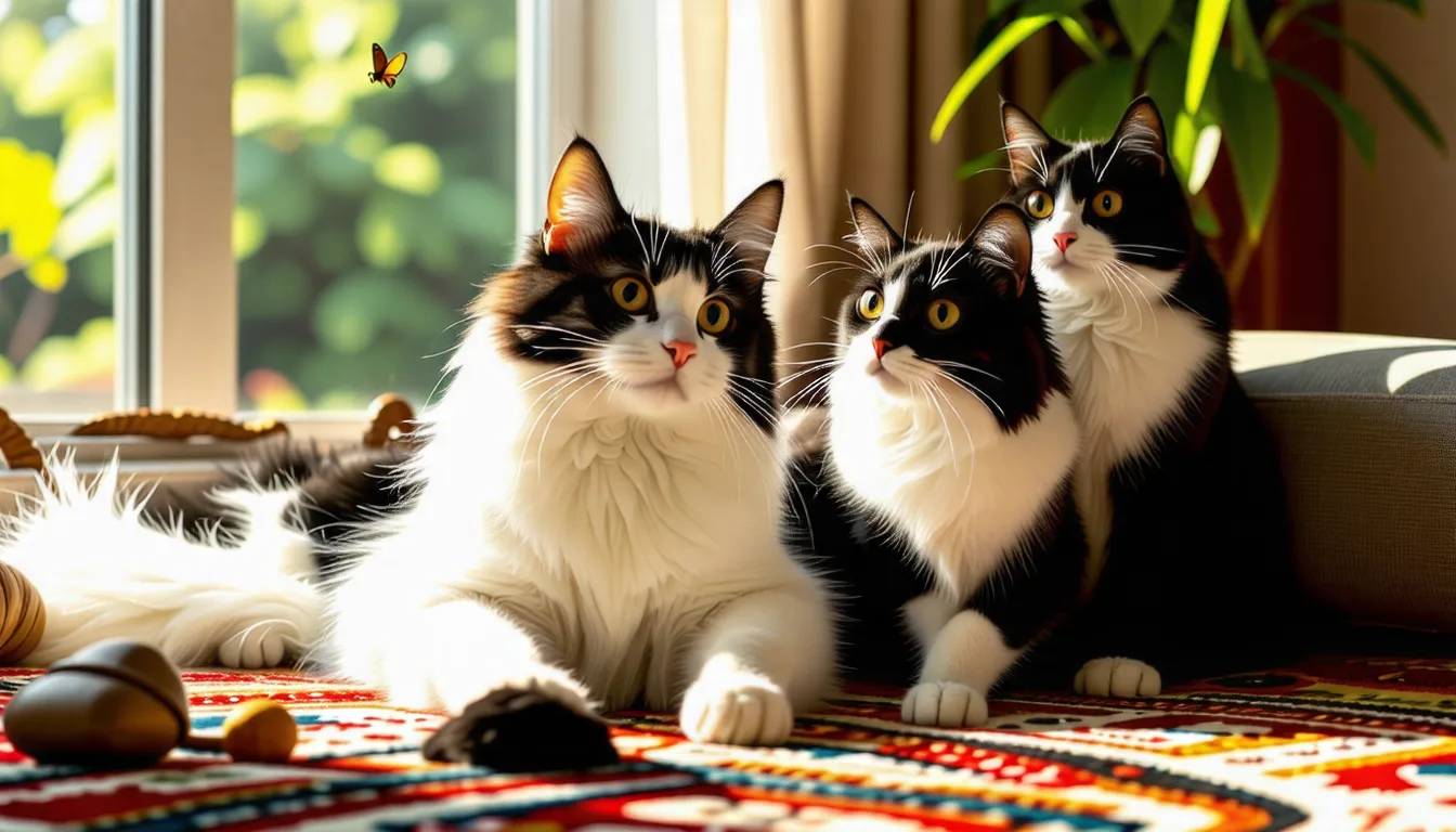chat au pelage long noir et blanc allongé, la fourrure du ventre et des pattes bien blanche et lissée