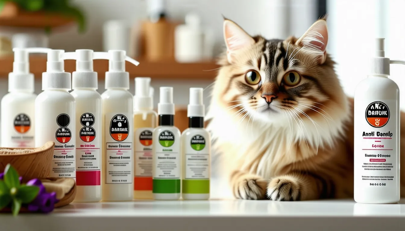 un chat au pelage soigné assis près d'un flacon de shampoing pour animaux