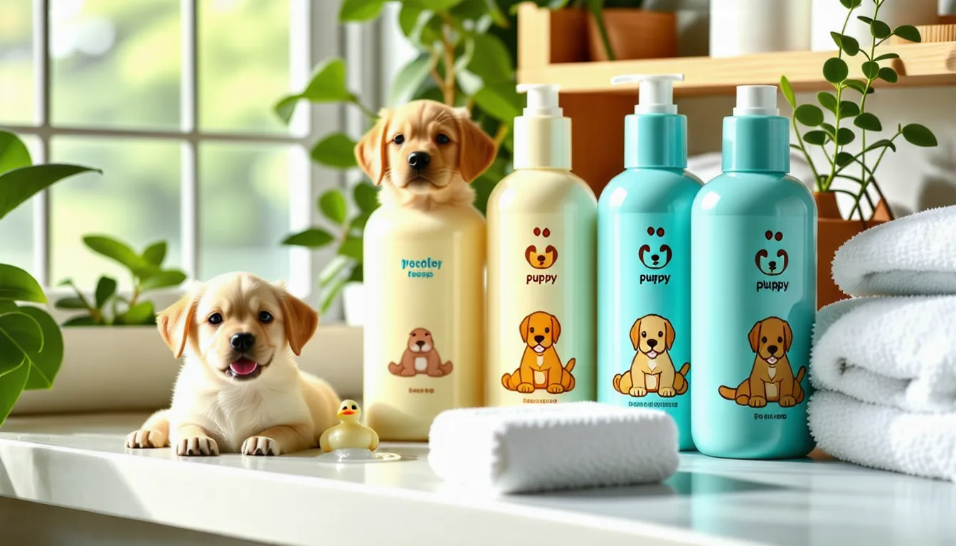 chiot dans une baignoire recouvert de mousse de shampoing, tenu délicatement par des mains humaines pendant le bain.
