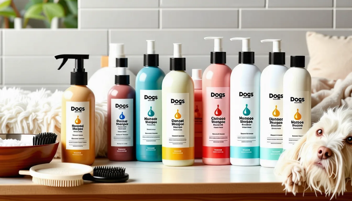 un chien à poil long en train de se faire brosser après application d'un shampooing sec